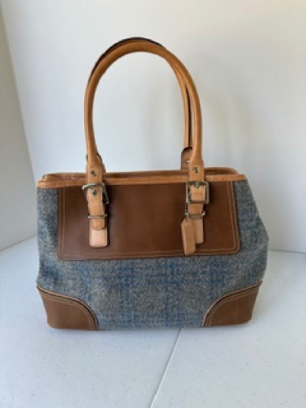 COACH Satchel handbag - Blue/Gray plaid wool and tan leather - Picture 8 of 8